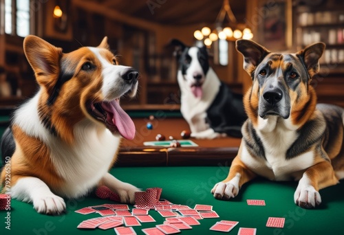 group of dogs on the pool table photo