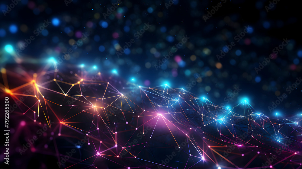 Fototapeta premium Digital technology neon dotted line navigating future trajectories in the AI-landscape PPT background