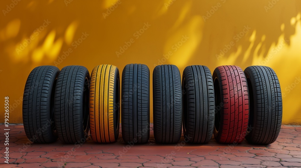 Colorful car tires aligned against vibrant yellow wall, Concept of automobile customization, safety, and maintenance Colorful car tires aligned against vibrant yellow wall, Concept of automobile customization, safety, and maintenance