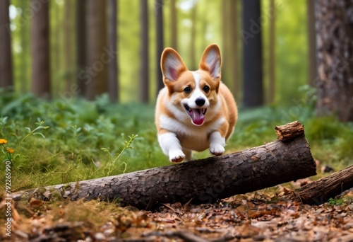 Corgi dog jumping over a log
