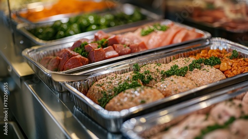 Assorted gourmet meat dishes garnished with fresh herbs in aluminum trays at a buffet concept of catering and gourmet cuisine