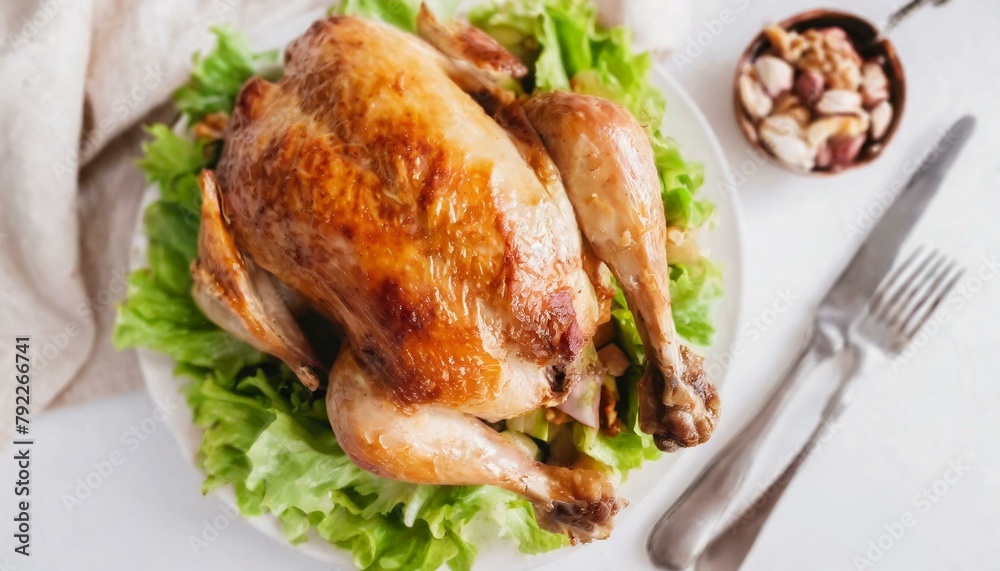 Roast turkey served on a platter. View from the top. White table.
Roast turkey served on a platter. View from the top. White table.
