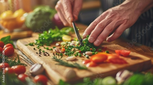 Abstract defocused background of colorful ingredients from fresh herbs to vibrant vegetables tered across a wooden countertop. In the center hands can be seen skillfully chopping and . photo