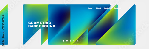A rectangular display device with an azure and electric blue geometric background featuring triangles on a white backdrop. A gadget with multimedia and communication capabilities