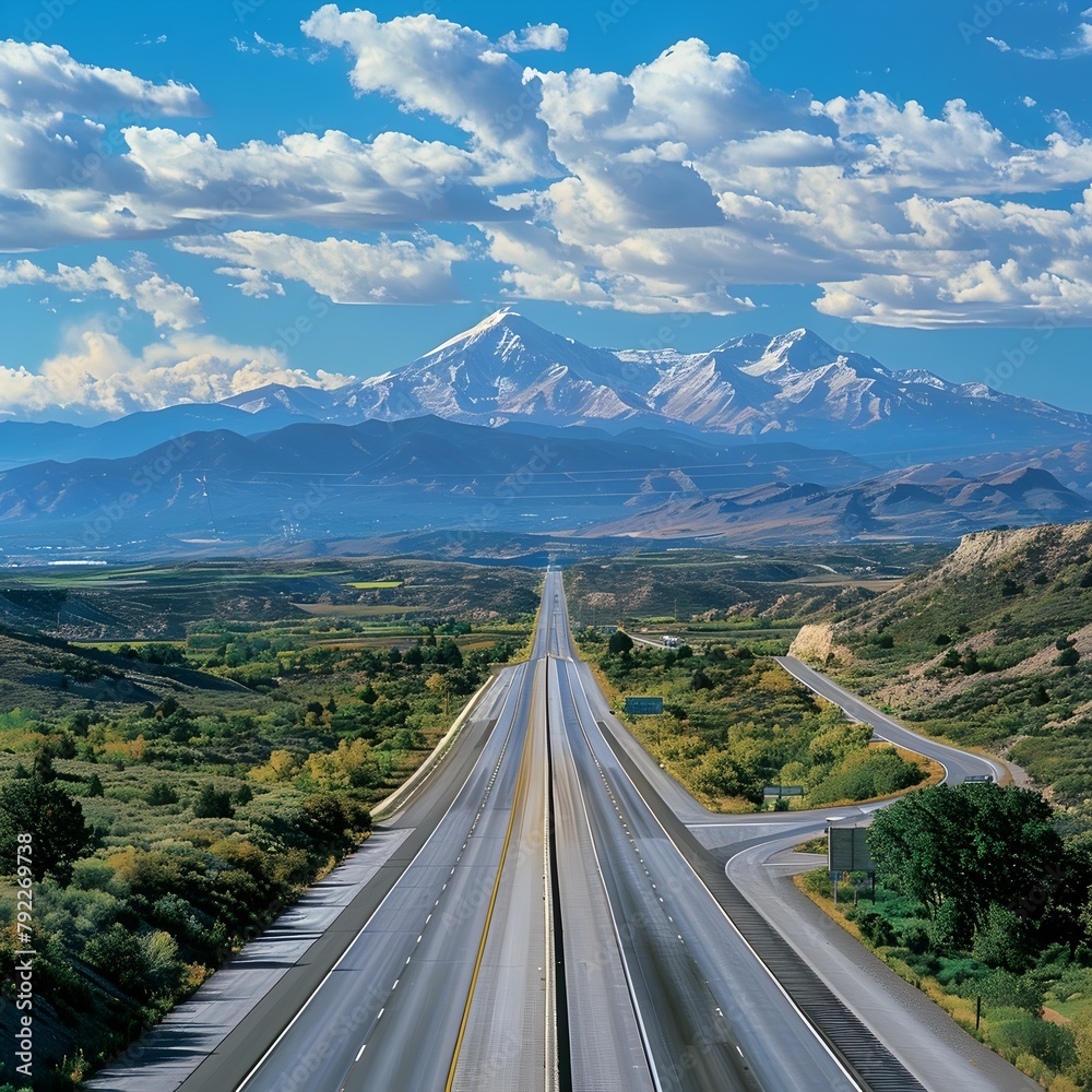 Obraz premium Majestic Mountain Highway Stretching Through Picturesque Landscape with Abundant Copy Space