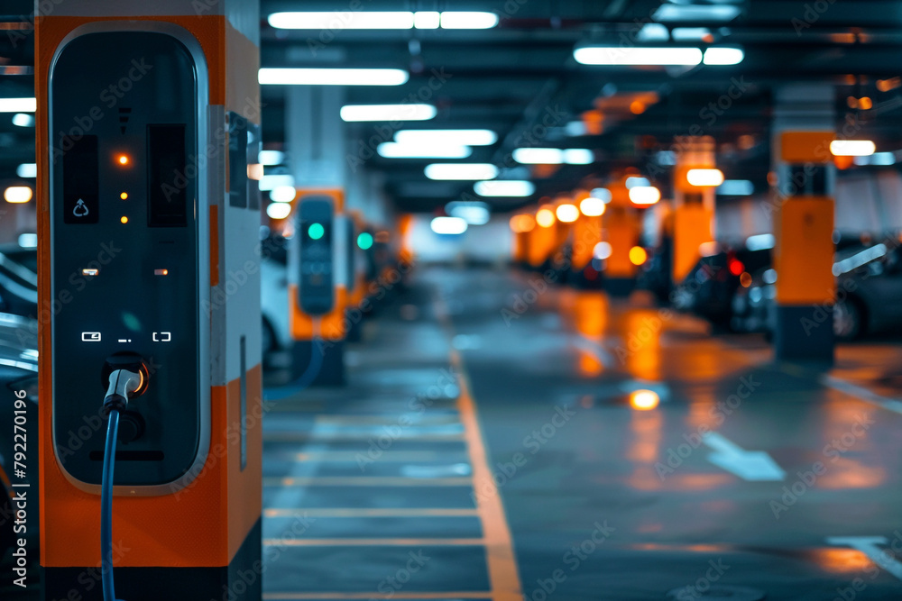 A state-of-the-art electric vehicle charger set in a covered parking area, illustrating the evolution of urban infrastructure The image portrays the seamless integrat A state-of-the-art electric vehicle charger set in a covered parking area, illustrating the evolution of urban infrastructure The image portrays the seamless integrat