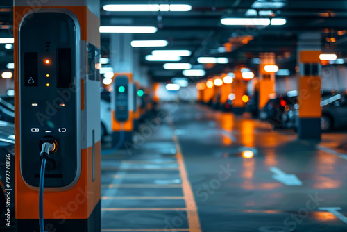 A state-of-the-art electric vehicle charger set in a covered parking area, illustrating the evolution of urban infrastructure The image portrays the seamless integrat