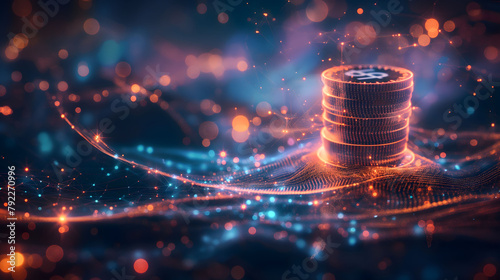 Stack of coins in Glowing neon lines style. Abstract light lines create a dynamic energy 