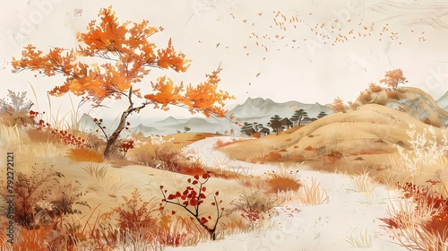 autumn landscape with a trail of grass illustration poster background