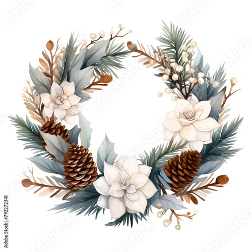 Watercolor Christmas wreath with white flowers, pine cones, eucalyptus branches.