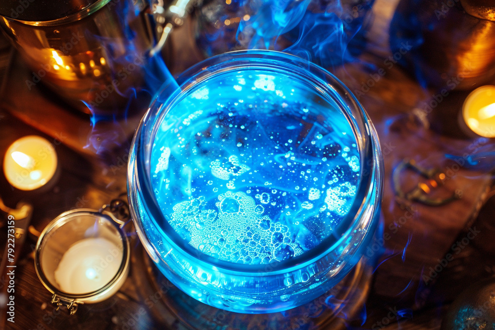 A top angle view of a glowing blue potion bubbling over a flame