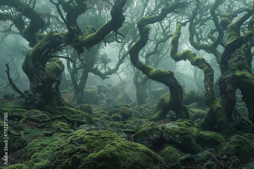A mysterious misty forest with twisted trees and moss-covered rocks.