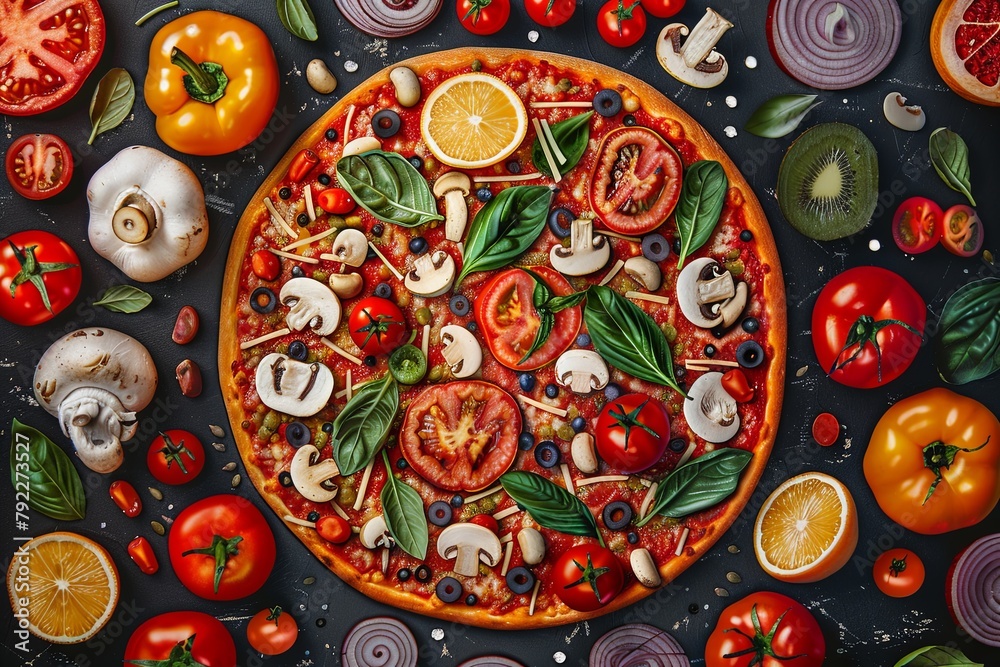 illustration poster with all the ingredients of pizza -