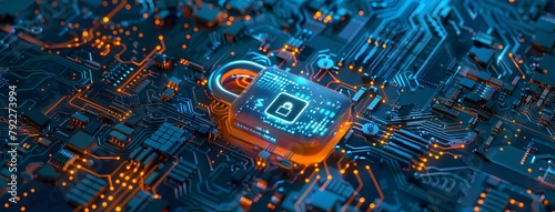 Futuristic digital padlock with holographic security symbols on intricate circuitry background.