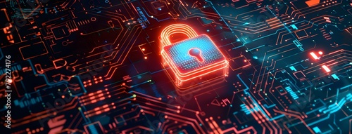 Futuristic digital padlock with holographic security symbols