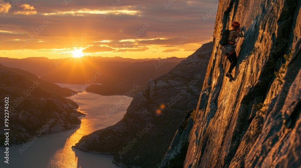 Fototapeta premium Photo of a rock climber climbing on the side of a cliff. Generate AI image