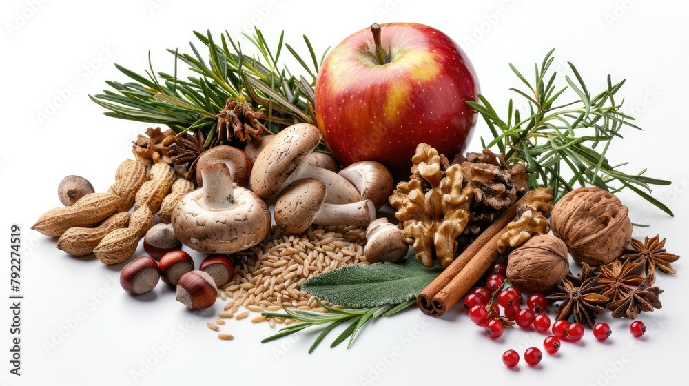 a culinary arrangement of nuts, herbs, mushrooms, berries, chestnuts, grain and an apple, plain white background  