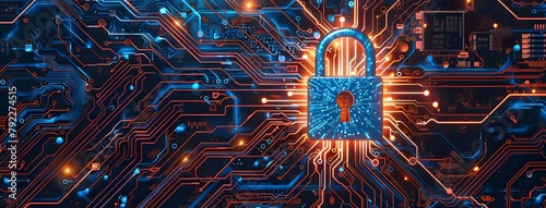 Futuristic digital padlock with holographic security symbols on circuit board background.