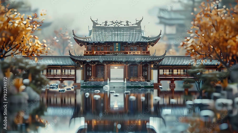 Obraz premium Chinese ancient architecture model poster background 