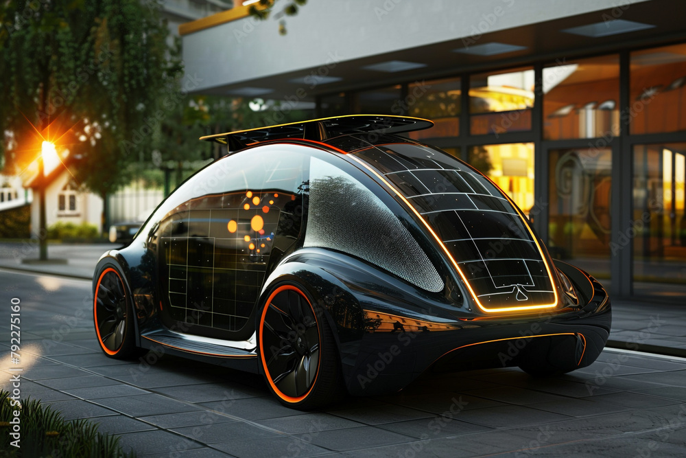 A visionary concept of an electric vehicle equipped with solar panels on its surface harnessing energy while on the move A visionary concept of an electric vehicle equipped with solar panels on its surface harnessing energy while on the move