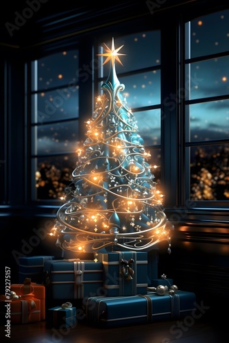 Christmas tree and gifts on the background of the window. 3d illustration