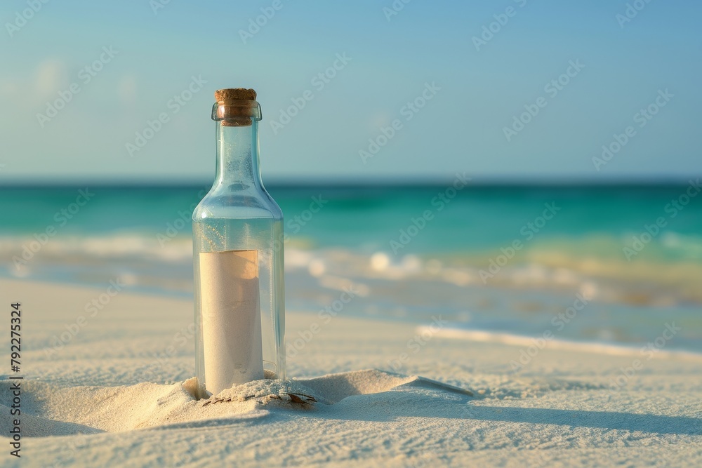 Tranquil beach scene with glass bottle in the sand containing a message Tranquil beach scene with glass bottle in the sand containing a message
