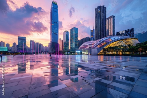 City square and skyline with modern buildings in Shenzhen at sunset, Guangdong Province, China - generative ai photo