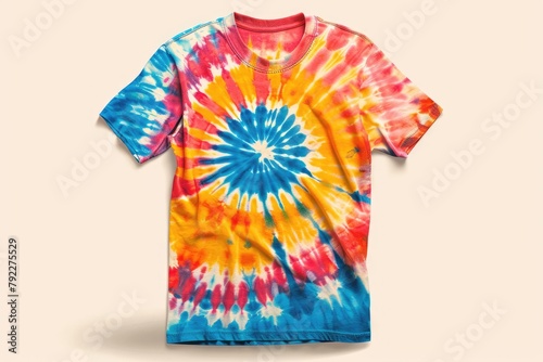 A creative bright tie dye T-shirt on a light beige background. photo