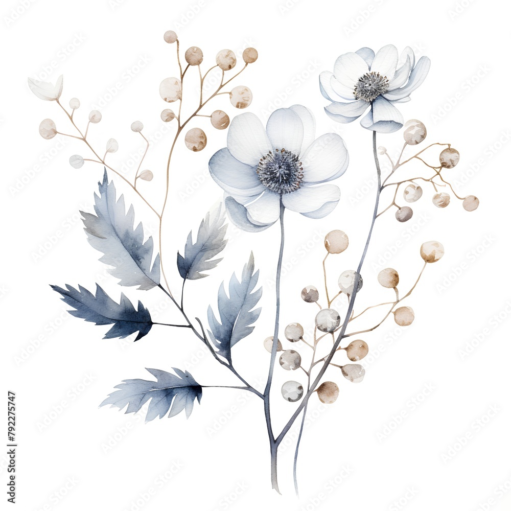 Obraz premium Watercolor illustration of anemone flowers with leaves and berries. Hand drawn botanical illustration.