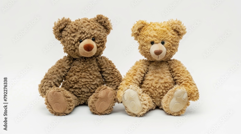 A pair of plush teddy bears sitting side by side, holding hands. 