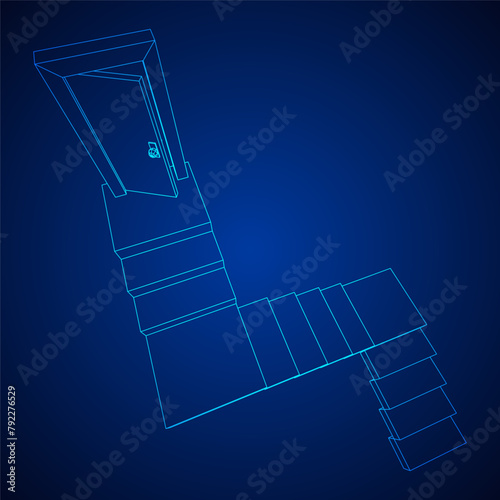 Stairway path to open door. Steps leading into the future concept. Wireframe low poly mesh vector illustration