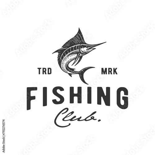 vintage logo marlin fish, fishing hand drawn vector illustration