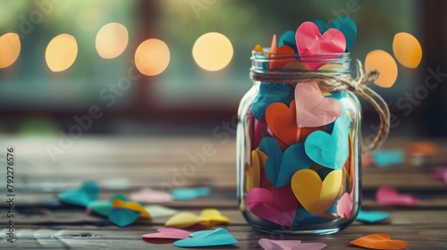 A jar filled with colorful paper hearts, each one inscribed with a loving message. photo