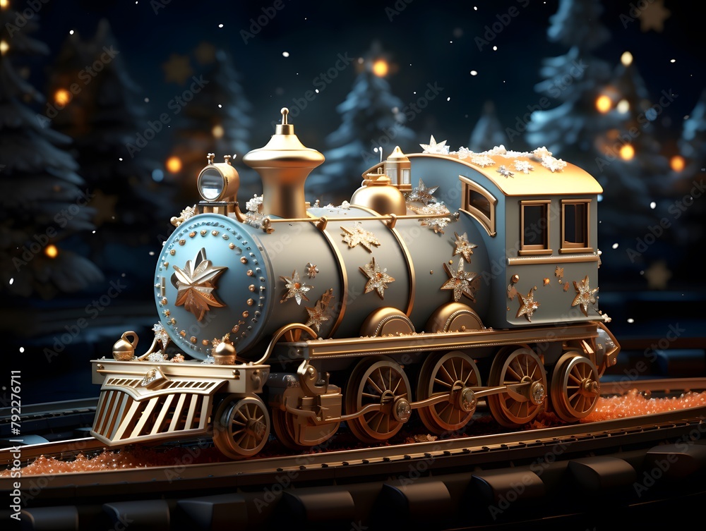 Toy train on the background of a Christmas landscape. 3d illustration
