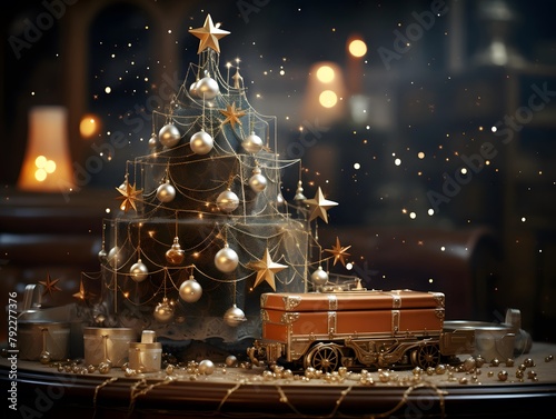 Christmas and New Year Decorations. Christmas tree on a wooden background.