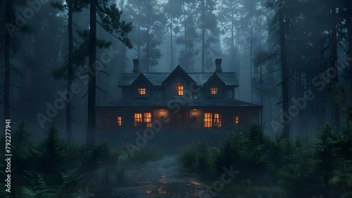 A murder mystery unravels in a spooky forest haunted house. Concept Murder Mystery, Spooky Forest, Haunted House, Thrilling Plot, Sinister Suspense photo