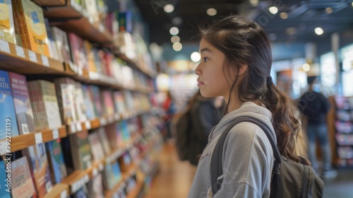 Closeup of a teenage girl eagerly waiting in line at a bookstore for a signed copy of a popular young adult novel promoted by her favorite singer on social media. .