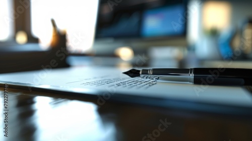 A closeup of a pen being used to sign a contract with a blurred desk and computer screen in the background. The pen represents the power and authority needed to make important financial .