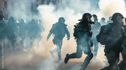 Riot police in full gear are seen using tear gas and smoke grenades to break up a large gathering of protestors causing chaos and confusion as people run in different . photo