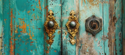 This image features a detailed close-up view of a door showcasing a sturdy metal handle and a traditional door knob, portraying a classic and secure entrance
