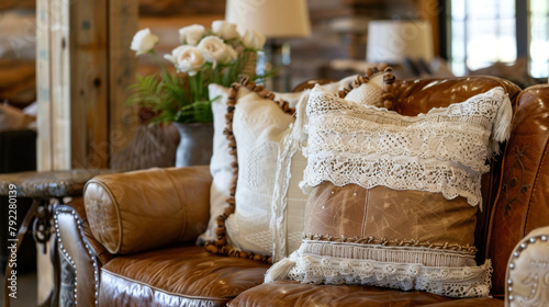 A rustic leather couch with lace pillows a cozy and charming addition to a westerninspired living room. . photo