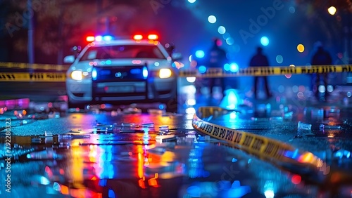 CSI team investigates murder case with blurred police car and crime scene tape. Concept Crime Scene Investigation, Murder Case, Police Car, Crime Scene Tape, Blurred Image photo