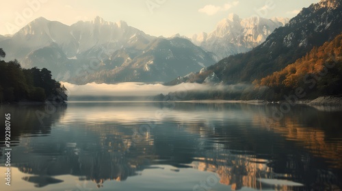 Mountains reflected in lake poster background © jinzhen