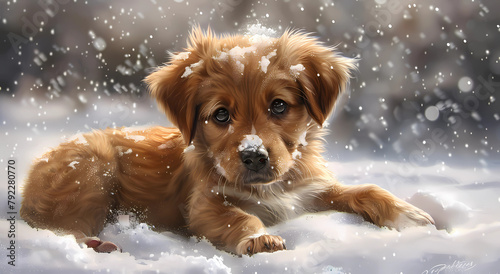 Cute puppy playing in the snow