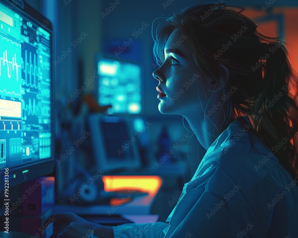 A female doctor is looking at a computer screen in a dark room.