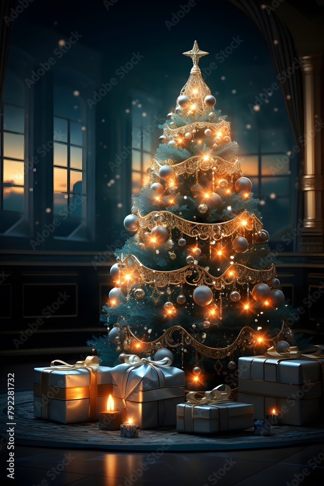 Christmas tree with gifts in the interior of the house. 3d illustration