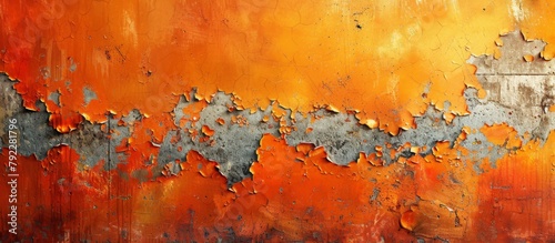 Orange and grey artwork showing signs of wear with peeling paint, a textured surface in need of restoration photo