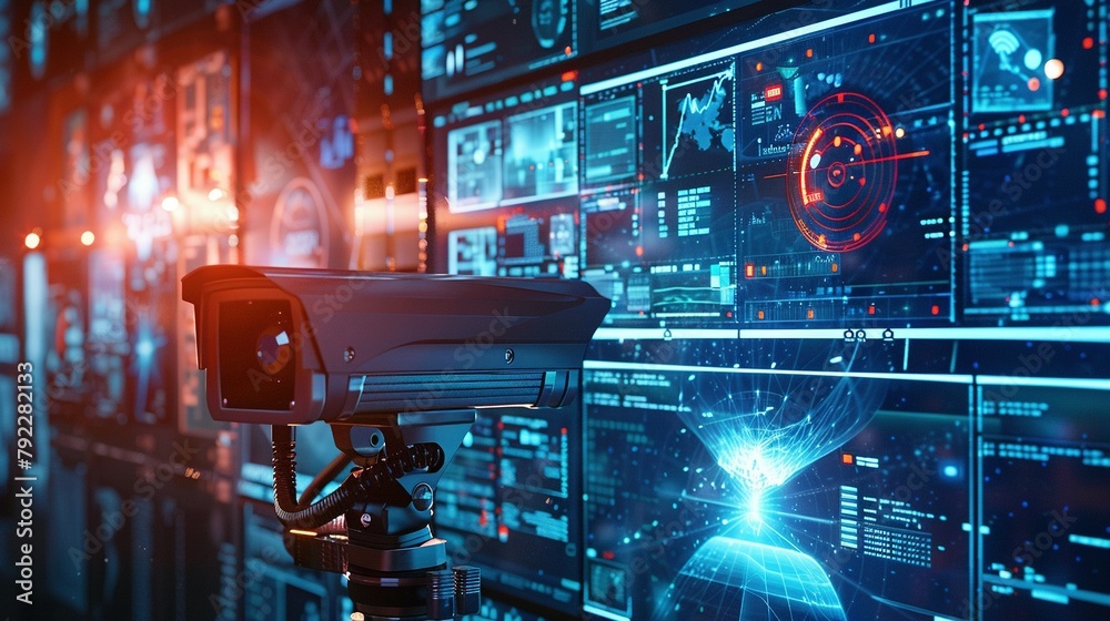 Security Camera Ui Background wide banner of security CCTV cameras and guard monitoring screen hud UI ...