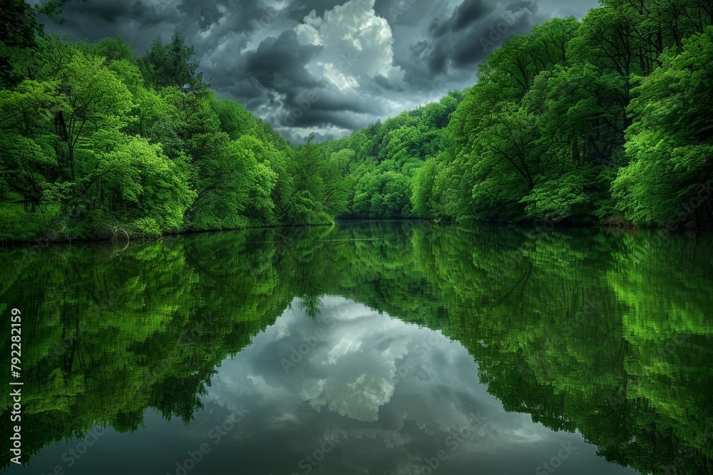 A lake surrounded by lush forests with reflections of trees and clouds in still water A lake surrounded by lush forests with reflections of trees and clouds in still water