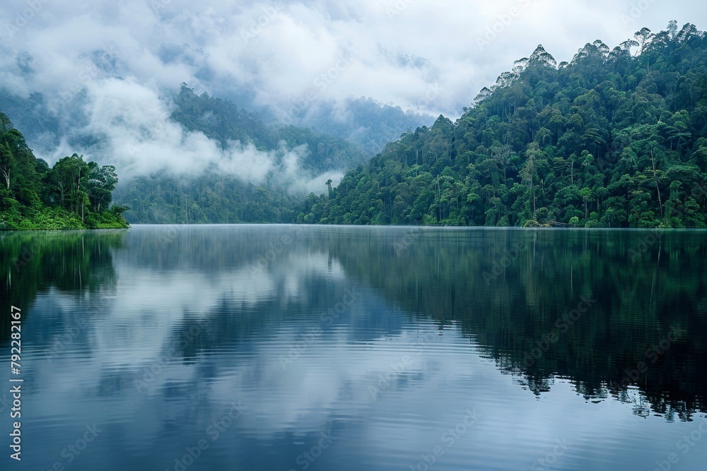 A lake surrounded by lush forests with reflections of trees and clouds in still water